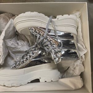 Alexander McQueen Silver White Lace Up Boots